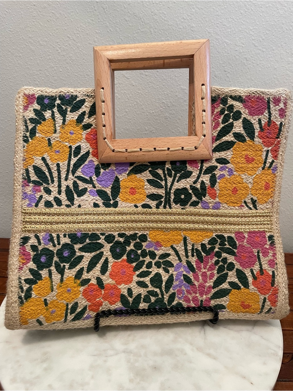 Antik Kraft Floral Jute Clutch with Wooden Handle - Yellow, Green, Purple, Pink